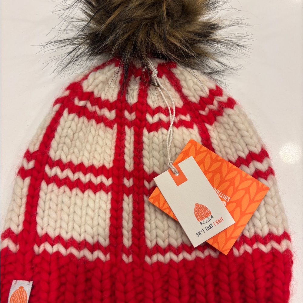 NWT Sh*t that I Knit Red and Cream beanie with green and faux fur poms - Picture 2 of 3
